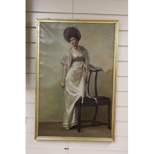 1697 - English School c.1900, oil on canvas, Full length portrait of a lady standing beside a chair, 74 x 4... 