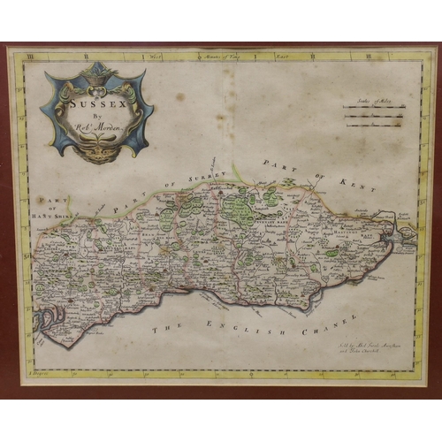 1699 - Robert Morden, two coloured engravings, Maps of Sussex and Chester, 35 x 42cm