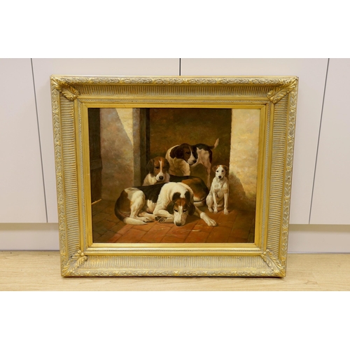 1703 - Follower of John Emms (1843-1912), oil on canvas, Kennel interior with hounds and terrier, 50 x 60cm... 