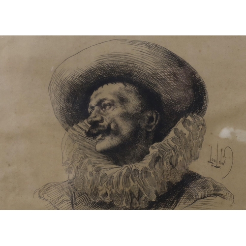 1707 - Alexandre-Louis Leloir (French, 1843-1884), conté crayon drawing and the etching from it, Head of a ... 