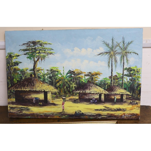 1729 - E.MBuya, oil on canvas, Village scene, signed, 47 x 71cm, unframed