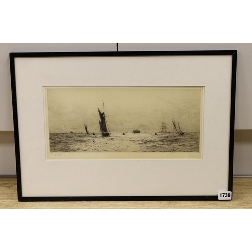 1739 - William Lionel Wyllie, etching, Fairway to Portsmouth Harbour, signed, 17 x 36cm