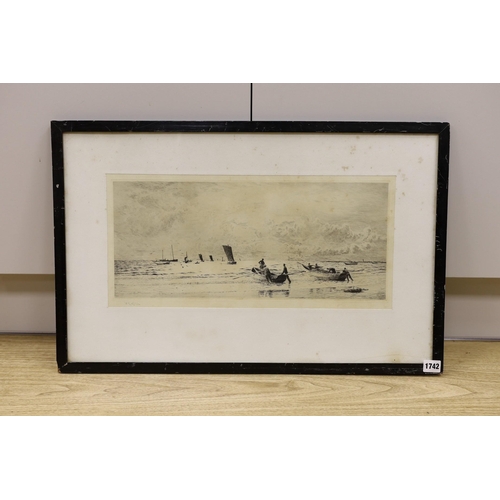 1742 - William Lionel Wyllie, etching, Cobles at Newbiggin, signed, 24 x 51cm