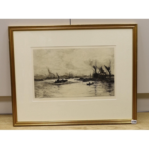 1744 - William Lionel Wyllie, etching, Shipping on the Thames, signed, 31.5 x 50cm