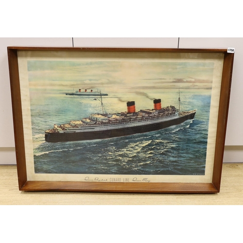 1750 - Cunard Line, Queen Elizabeth and Queen Mary print of watercolour by C.C. Evans, 71 x 102cm