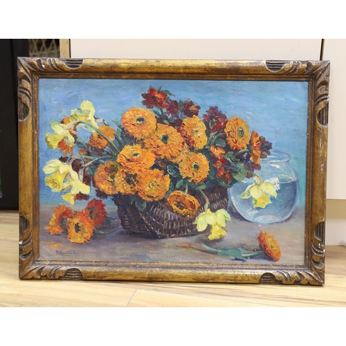 1752 - Marguerite Charrier-Roy (French 1870-1964), oil on panel, Still life of Marigolds and Daffodils in a... 