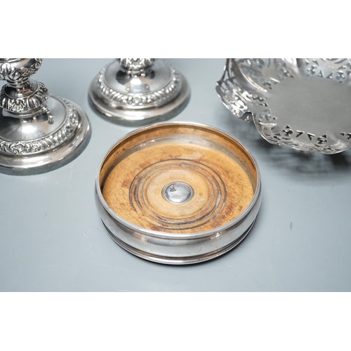 1801 - A modern silver mounted wine coaster, London, 1996, diameter 12.4cm, an earlier pierced silver bonbo... 