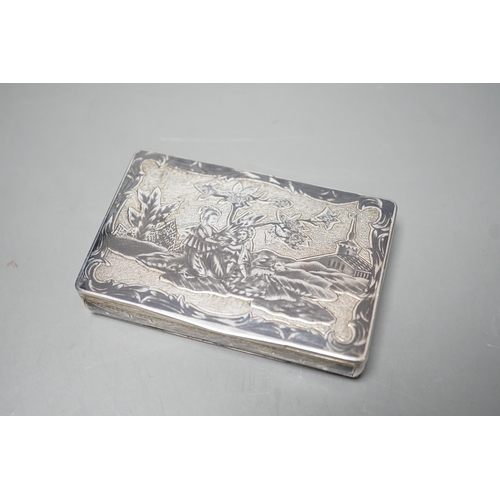 1806 - A late 19th century Russian 84 zolotnik and niello snuff box, decorate with figures in a landscape, ... 