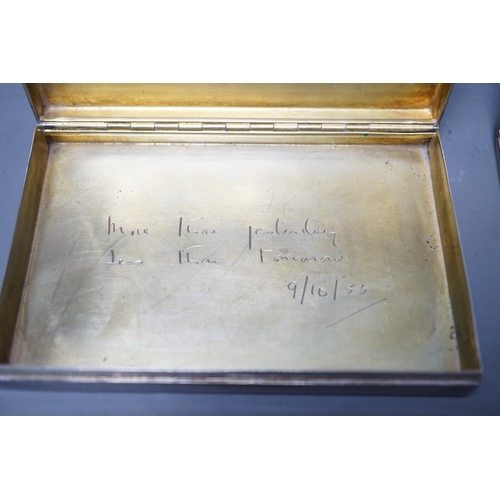 1808 - A George VI engine turned silver rectangular cigarette box/case, engraved with a squirrel, W.H. Mant... 