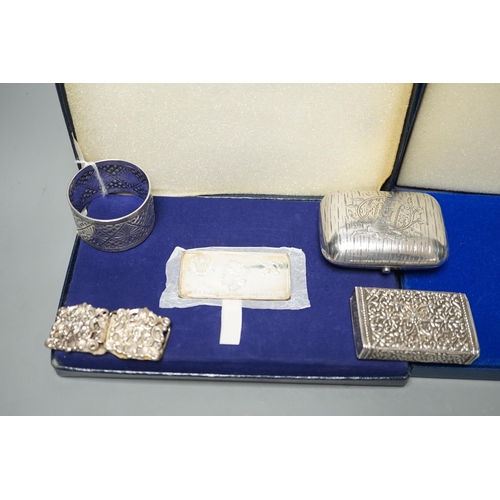 1809 - Small silver items including two napkin rings, a modern cased commemorative plaque and replica stamp... 