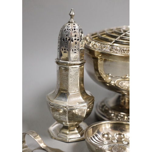 1816 - A George III silver vase shaped pepperette, Richard Evans? London, 1788, 88mm, a Victorian silver ch... 