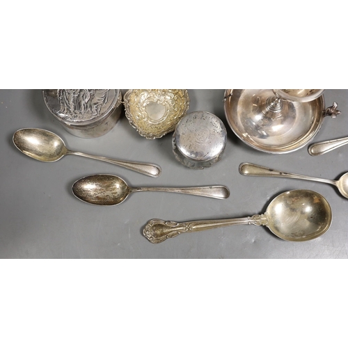 1825 - Miscellaneous silver ware including a mounted cigarette box, mounted posy vase, egg cup stand, late ... 