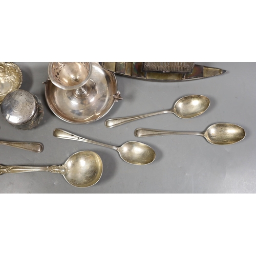 1825 - Miscellaneous silver ware including a mounted cigarette box, mounted posy vase, egg cup stand, late ... 