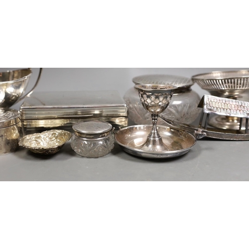 1825 - Miscellaneous silver ware including a mounted cigarette box, mounted posy vase, egg cup stand, late ... 