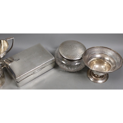 1825 - Miscellaneous silver ware including a mounted cigarette box, mounted posy vase, egg cup stand, late ... 