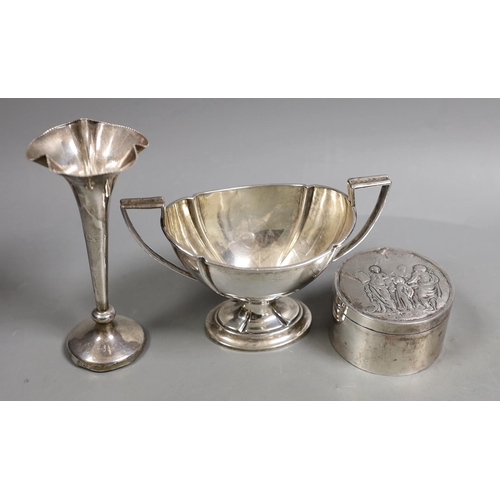 1825 - Miscellaneous silver ware including a mounted cigarette box, mounted posy vase, egg cup stand, late ... 