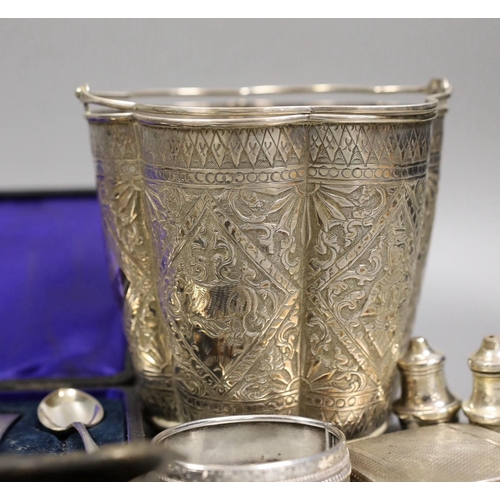 1829 - A Siamese sterling two handled ice pail with tongs, height 12.5cm, together with a cased set of six ... 