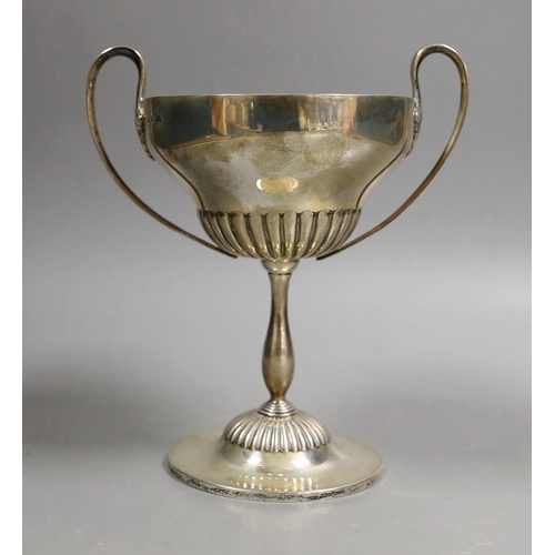 1832 - An Edwardian demi fluted silver two handled trophy cup, by Mappin & Webb, Sheffield, 1901, with late... 