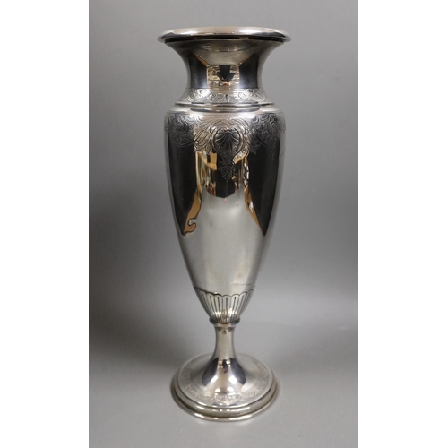 1835 - A North American sterling tall vase, with engraved decoration, 40.6cm, weighted.