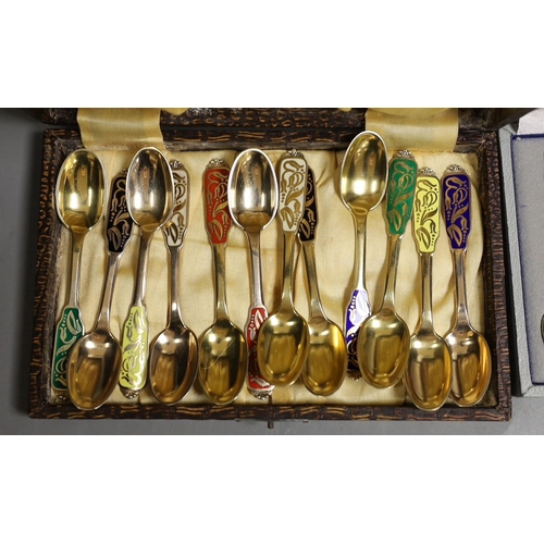 1836 - A set of of twelve Danish sterling and polychrome enamel coffee spoons, by W & S Sorenson, 94mm and ... 