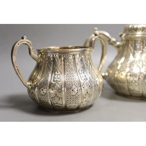 1841 - A Victorian engraved silver three piece tea set, of pear shape, by John Samuel Hunt (Hunt & Roskell ... 