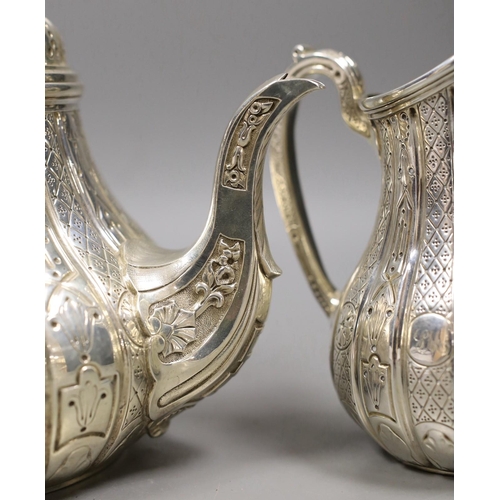 1841 - A Victorian engraved silver three piece tea set, of pear shape, by John Samuel Hunt (Hunt & Roskell ... 