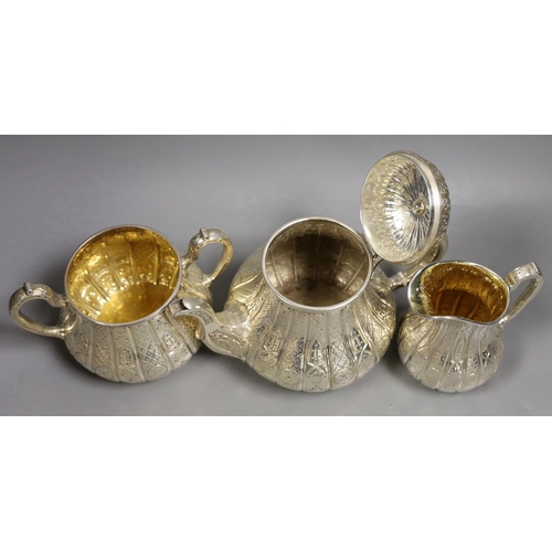 1841 - A Victorian engraved silver three piece tea set, of pear shape, by John Samuel Hunt (Hunt & Roskell ... 