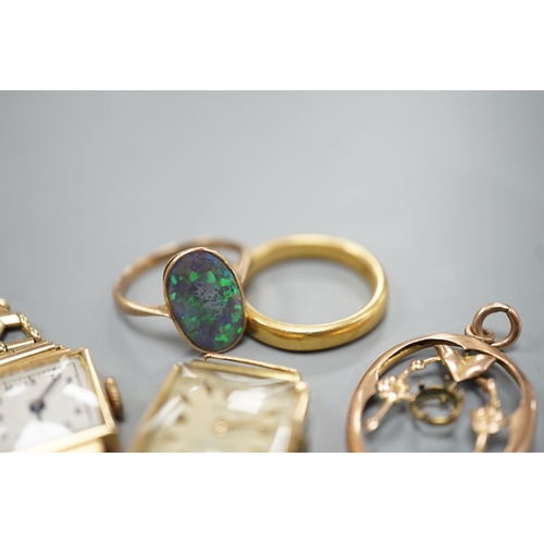 1886 - A George V 22ct gold wedding band, size P, 7.3 grams, a 9ct and black opal double set oval ring, a y... 