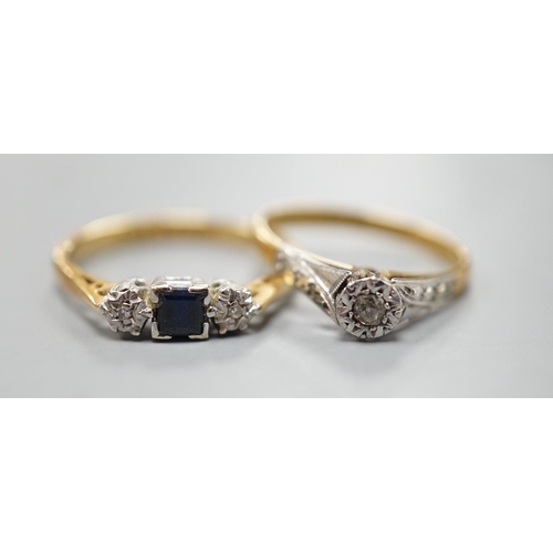 1889 - An 18ct, plat and illusion set solitaire diamond ring, size K/L and a modern 18ct gold, sapphire and... 