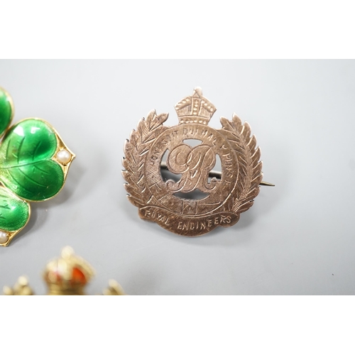 1890 - An early 20th century and two colour enamel set Royal Engineers sweetheart brooch, 5cm, gross 5.6 gr... 