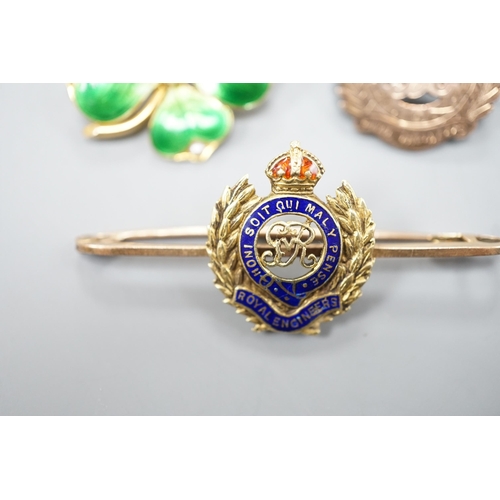 1890 - An early 20th century and two colour enamel set Royal Engineers sweetheart brooch, 5cm, gross 5.6 gr... 