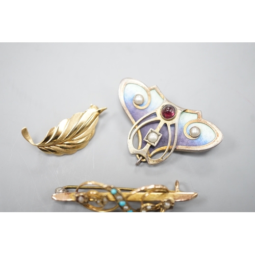 1891 - A continental Art Nouveau 900 gilt white metal, cabochon stone, seed pearl and enamel set brooch, 36... 