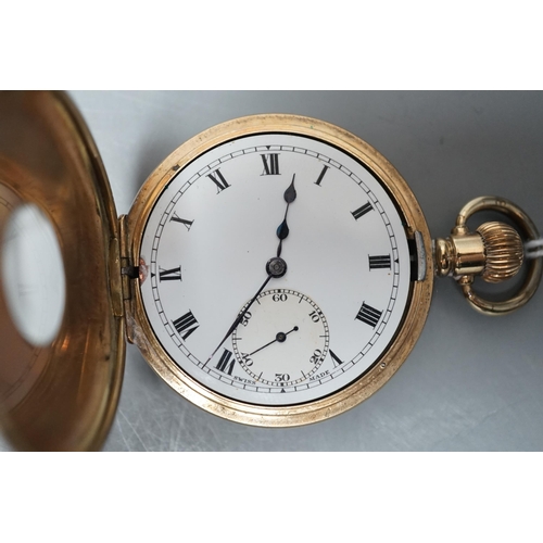 1892 - A George V 9ct gold cased keyless half hunter pocket watch, case diameter 48mm, with engraved monogr... 