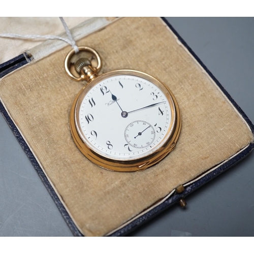 1893 - A George V 18ct gold Waltham open faced keyless pocket watch, with Arabic dial and subsidiary second... 