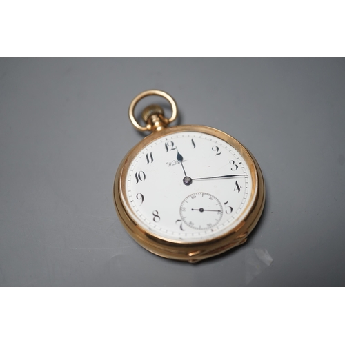 1893 - A George V 18ct gold Waltham open faced keyless pocket watch, with Arabic dial and subsidiary second... 