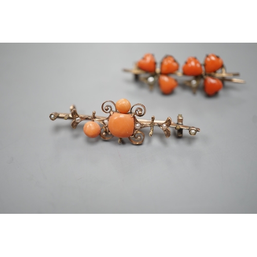 1901 - Two early 20th century yellow metal seed pearl and coral set brooches, one stamped 333 (8ct),  large... 