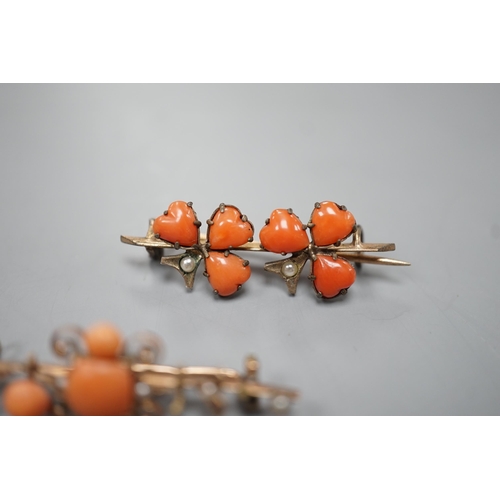 1901 - Two early 20th century yellow metal seed pearl and coral set brooches, one stamped 333 (8ct),  large... 