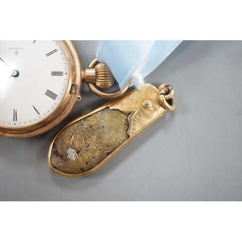 1903 - An early 20th century engraved 9ct gold hunter fob watch, with Roman dial, gross 36.7 grams, on a bl... 