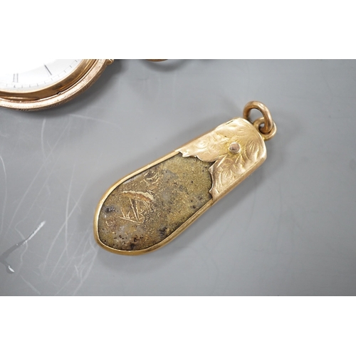 1903 - An early 20th century engraved 9ct gold hunter fob watch, with Roman dial, gross 36.7 grams, on a bl... 