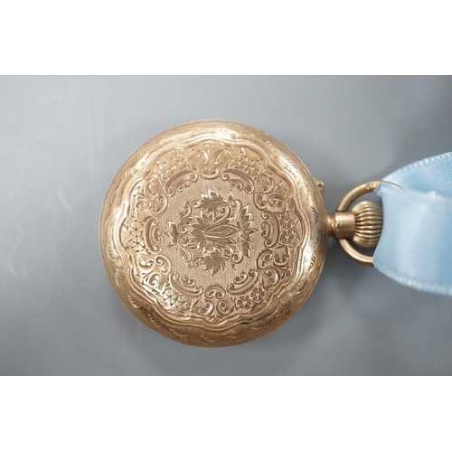 1903 - An early 20th century engraved 9ct gold hunter fob watch, with Roman dial, gross 36.7 grams, on a bl... 