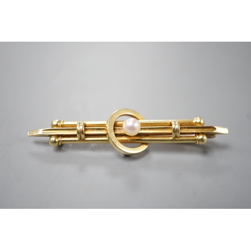 1904 - An early 20th century 15ct and cultured pearl set bar brooch, 46mm, gross weight 3.3 grams, lacking ... 