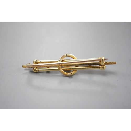 1904 - An early 20th century 15ct and cultured pearl set bar brooch, 46mm, gross weight 3.3 grams, lacking ... 