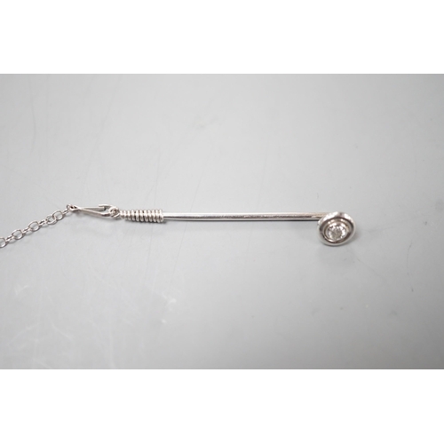 1905 - A white metal and collet set solitaire diamond tie pin, 43mm, with safety chain, gross weight 2.1 gr... 