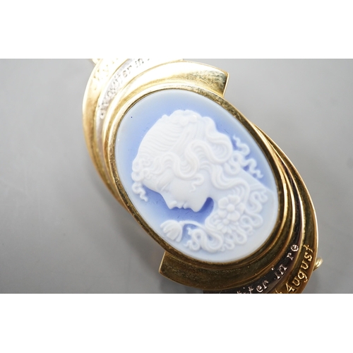 1906 - A modern two colour yellow metal and Wedgwood style cameo set oval pendant clip brooch, carved with ... 