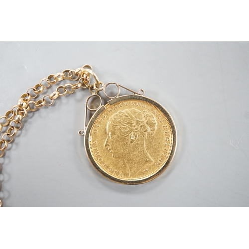 1910 - A Victoria 1883 gold sovereign, in a later 9ct gold pendant mount, on a 9k chain, gross weight 15.2 ... 