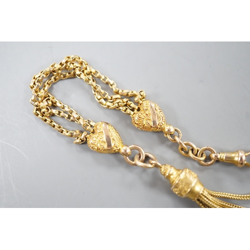 1911 - A 9c fob chain, with heart shaped motifs and tassel drop, 15cm, 8.2 grams.