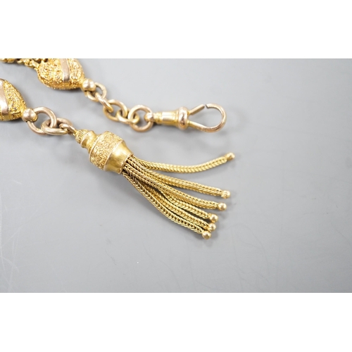 1911 - A 9c fob chain, with heart shaped motifs and tassel drop, 15cm, 8.2 grams.