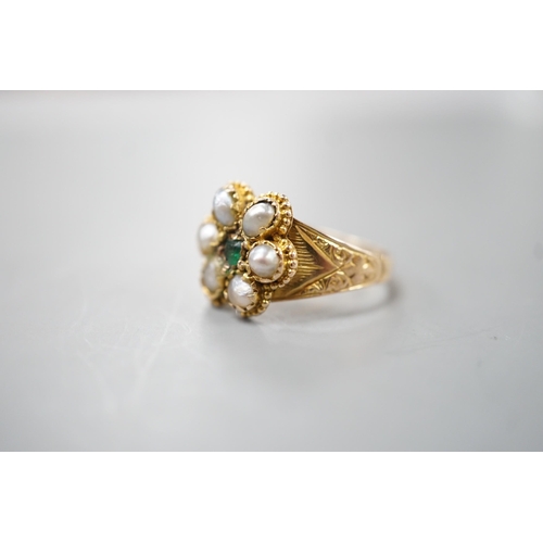 1914 - A late Victorian gold, emerald and split pearl cluster set ring, with later engraved inscription, si... 