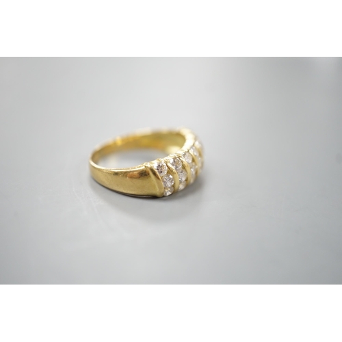 1917 - A modern 18ct gold and twenty one stone diamond set seven row half hoop ring, size N, gross weight 4... 