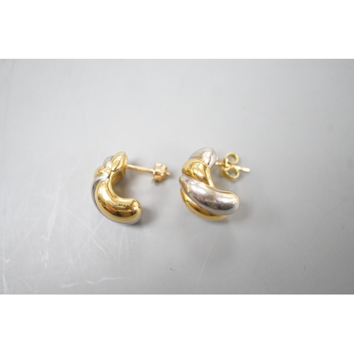 1921 - A modern pair of two colour 750 yellow metal demi lune earrings 15mm, 2.8 grams.